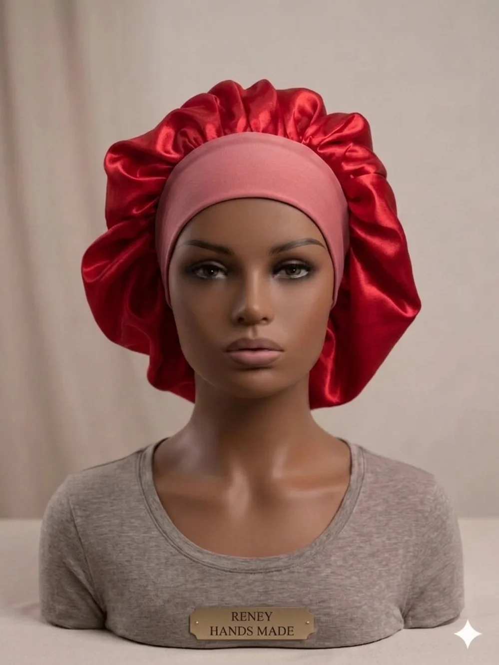 Red Satin Bonnet with Pink Band